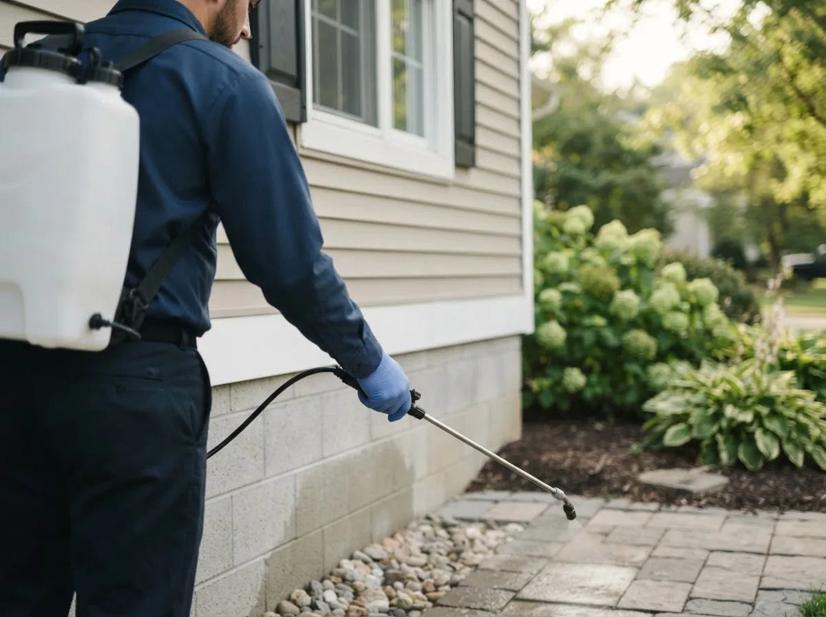 Pest control technician inspecting a home in Wing, AL